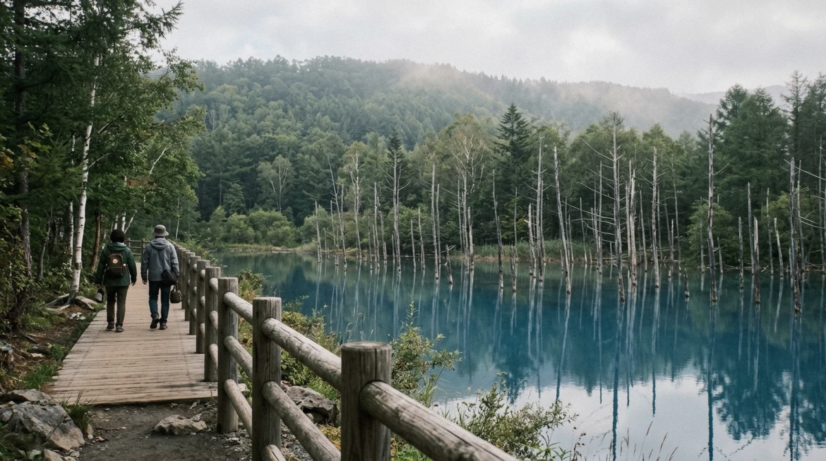 Boardwalk beside Shirogane Blue Pond in Biei, a free stop on nearly every Hokkaido day trip price comparison, Japan