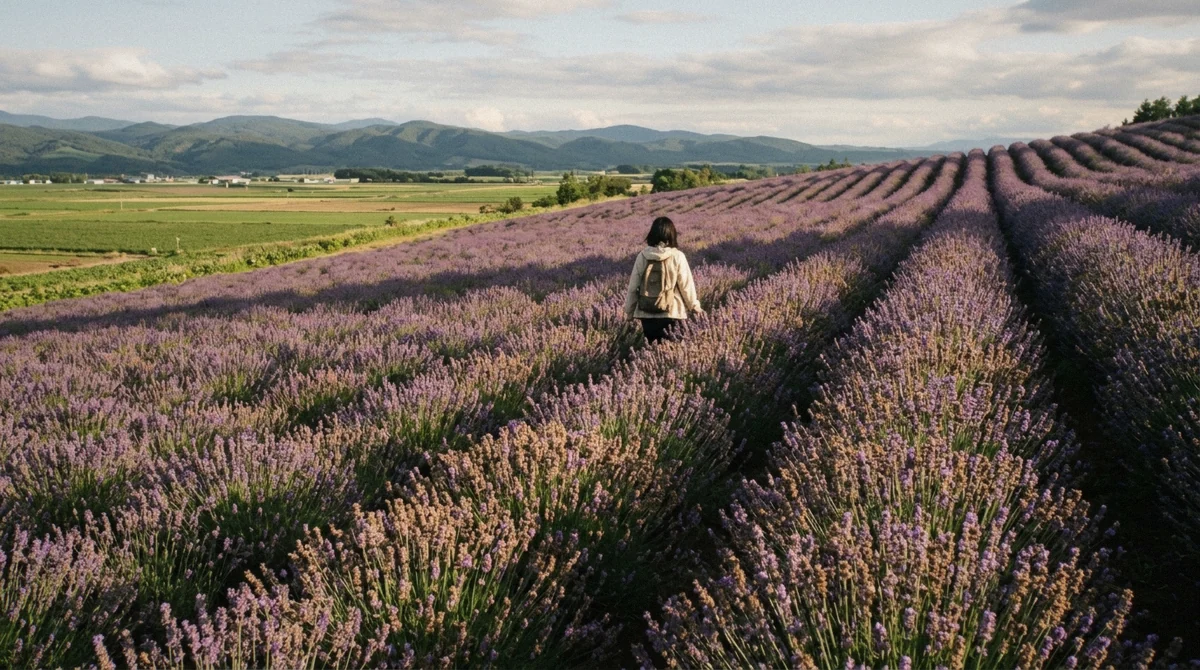 Lavender rows in bloom at a Furano farm during the best time to visit Hokkaido for flowers, Japan
