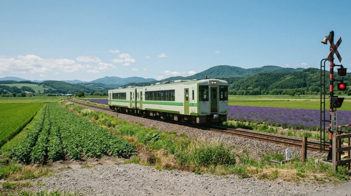 Local train arriving at a rural Biei station platform on the Sapporo to Furano and Biei route, Hokkaido, Japan