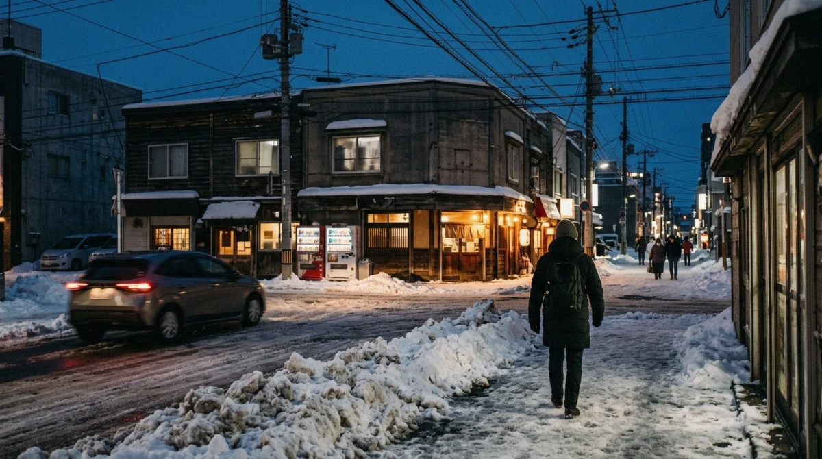 A snow-covered street in central Sapporo during a Hokkaido in winter day, Japan